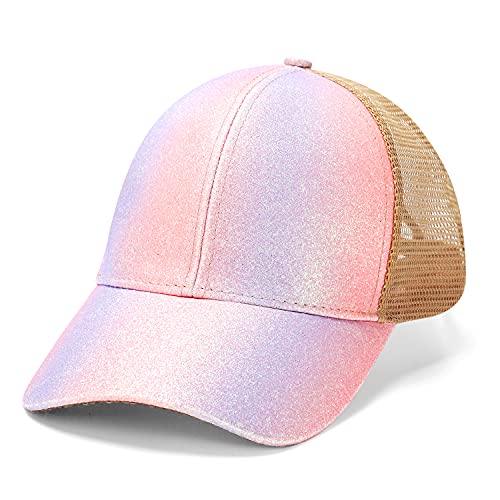 Glitter Distressed Mesh Girls Criss Cross Ponytail Hat for Kids High Messy Bun Ponycap…