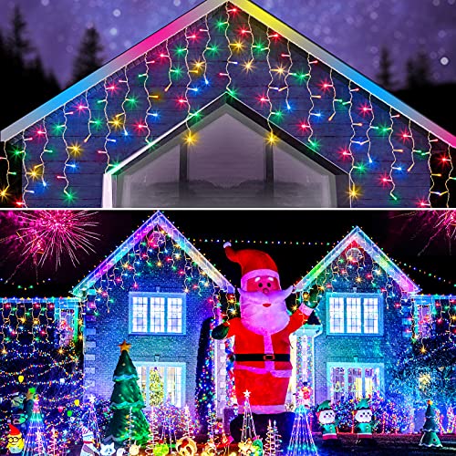 Areker Christmas Icicle Lights Outdoor, 400LED Icicle Multicolor Lights Outdoor Extendable 8 Modes with Timer, Icicle Lights Waterproof 33ft for Yard Garden Holiday Outdoor Christmas Decorations