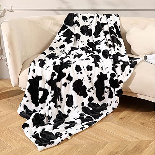 RYNGHIPY Black White Cow Print Bed Blanket Flannel Fleece Throw Blankets for Boys and Girls Lightweight Fuzzy Plush Blanket for Bedroom Living Room Sofa Couch (Black White, 63”x79”)