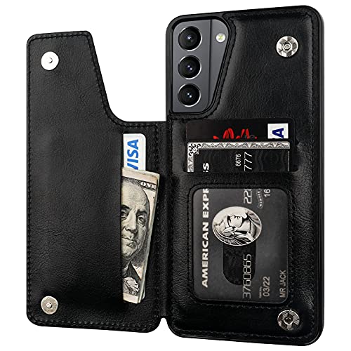 Onetop Compatible with Samsung Galaxy S21 Wallet Case with Card Holder, PU Leather Kickstand Card Slots Case, Double Magnetic Clasp and Durable Shockproof Cover 5G 6.2 Inch(Black)