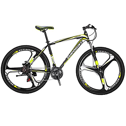 EUROBIKE OBK Steel Frame Mountain Bike 21 Speed Front Suspension Men/Women Bicycle 27.5” Daul Disc Brakes for Adult(X1 Steel Frame Yellow Mag Wheels)