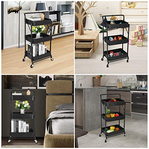 johgee Foldable 3 Tier Metal Utility Rolling Cart, Folding Mobile Multi-Function Storage Trolley Organizer Cart for Home Library Office(Black) | The Storepaperoomates Retail Market - Fast Affordable Shopping