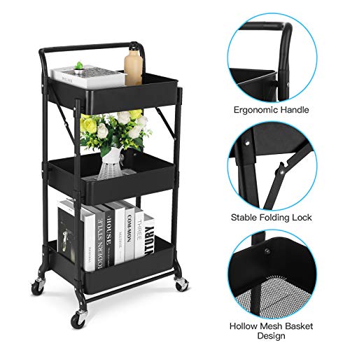 johgee Foldable 3 Tier Metal Utility Rolling Cart, Folding Mobile Multi-Function Storage Trolley Organizer Cart for Home Library Office(Black) | The Storepaperoomates Retail Market - Fast Affordable Shopping