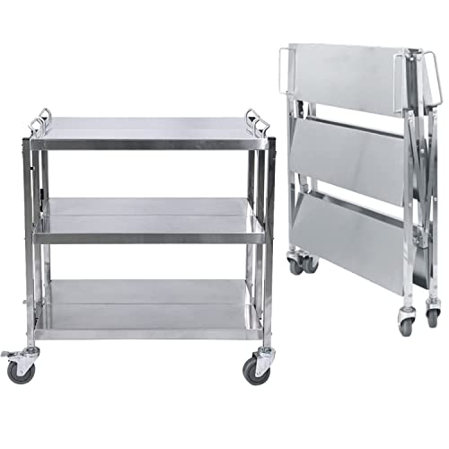 3 Shelf Stainless Steel Utility Service Cart Folding Collapsible Serving Cart with Wheels 300lbs Kitchen Trolley Catering Storage Shelf Utility Rolling Cart for Restaurant 25”L x 15.8”W x 37.8”H