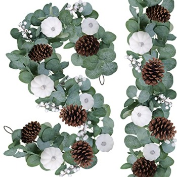 2 Pack White Pumpkin Garland Artificial Eucalyptus Garland with White Pumpkins Pinecones Berries Fall Foliage Garland for Wedding Arch Backdrop Thanksgiving Table Runner Farmhouse Décor | The Storepaperoomates Retail Market - Fast Affordable Shopping