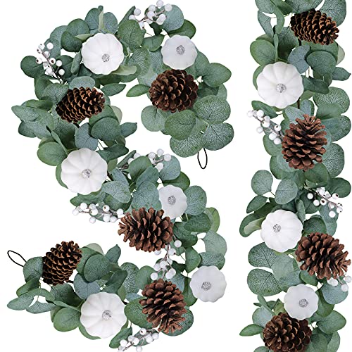 2 Pack White Pumpkin Garland Artificial Eucalyptus Garland with White Pumpkins Pinecones Berries Fall Foliage Garland for Wedding Arch Backdrop Thanksgiving Table Runner Farmhouse Décor