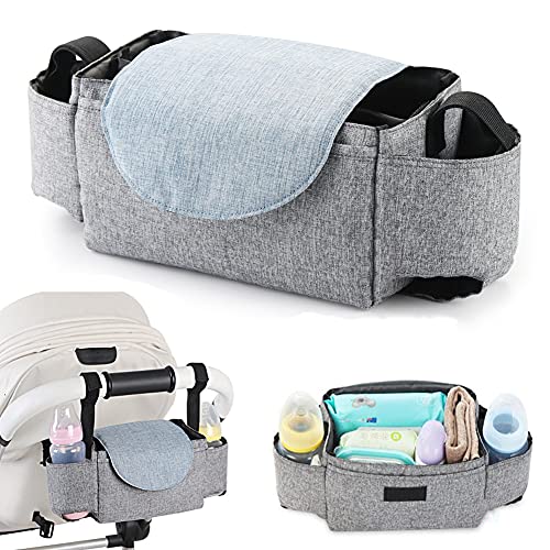 Stroller Organizer Bag,Multifunctional Stroller Bags with Insulated Cup Holder Baby Stroller Accessories Storage Bag for Bottle,Diaper,Phone,Keys,Toys,Baby Items (Grey)