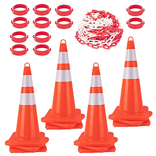 XXZKJY [ 12 Pack ] 28 Traffic Cones Plastic Road Cone PVC Safety Road Parking Cones Weighted Hazard Cones Construction Cones Orange Safety Cones Parking Barrier with Hand-held Ring and Chain