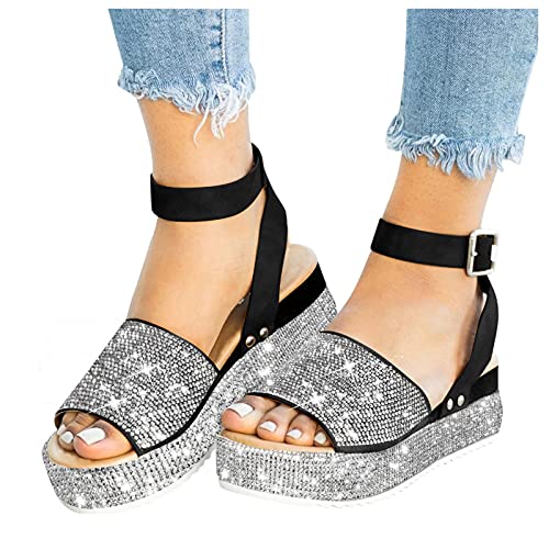 NOLDARES Sandals for Women Casual Summer Rhinestone Crystal Platform Sandals Strappy Open Toe Wedge Sandals