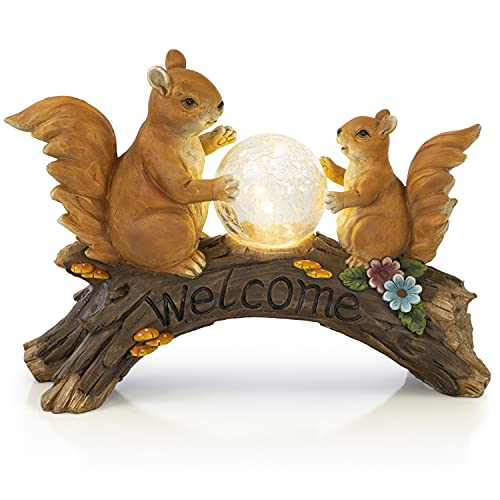 VP Home Enchanted Welcome Squirrels Solar Powered LED Outdoor Decor Garden Light with Crackled Glass Globe Welcome Squirrel Statues Outdoor Bird Decor Figurine Decor for Outside Patio, Yard, Lawn