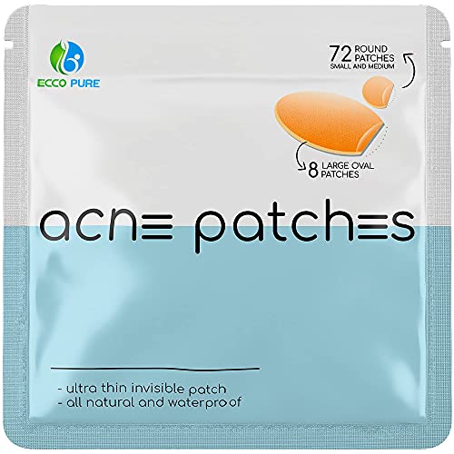Acne Patch – Hydrocolloid Pimple Patch for Face Zits – Blemish Spot Skin Care Treatment – Invisible Dots, Waterproof, Absorbs Pus, Avoids Scar, Reduces Pain & Redness of Acne – 72 Small & Medium Round + 8 Large Oval Patches