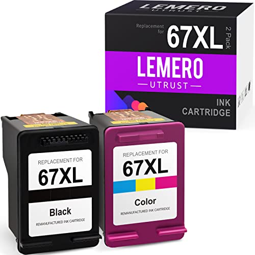 67XL LemeroUtrust Remanufactured Ink Cartridge Replacement for HP 67 XXL 67XL use with HP DeskJet 2755 2722 2724 2725 Plus 4155 4152 4140 Envy Pro 6455 6475 Envy 6055 6052 (Black Tri-Color, 2-Pack)