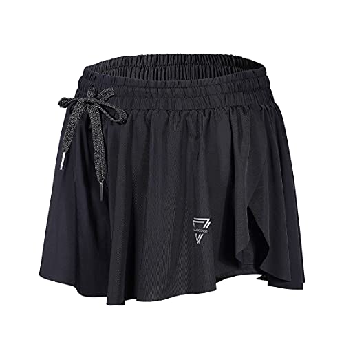 luogongzi 2 in 1 Flowy Running Shorts for Women Gym Yoga Athletic Workout Hiking Preppy Clothes Spandex Comfy Lounge Sweat Skirt Casual Summer (S, Black)