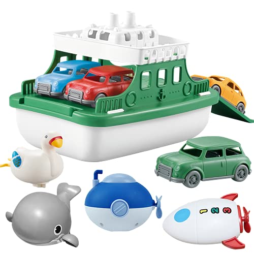 OKGIUGN Ferry Boat Toys Set with 4 Cars and 4 Wind Up Bath Swimming Toys, Kids Bath Toy Floating Vehicle Whales Submarines Swans Rockets, Bathtub Bathroom Pool Beach Toys for Toddlers Boys Girls Kids