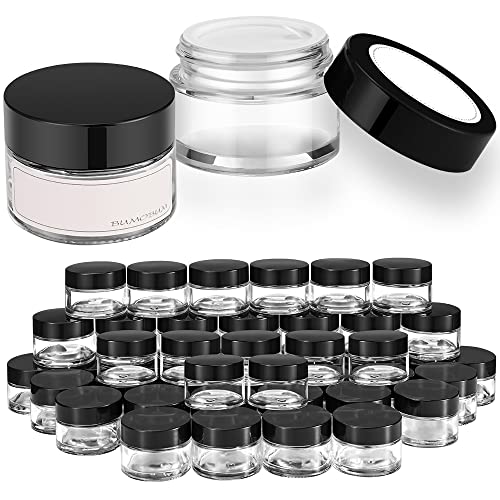 1 oz Round Clear Glass Jars, Bumobum 48 pack Cream Jars with Black Lids, White Labels & Inner Liners, Empty Cosmetic Containers for Cream, Lotion