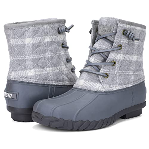 STQ Womens Duck Boots Cold Weather Insulated Snow Boots Waterproof Winter Boots Grey Plaid, 9 US