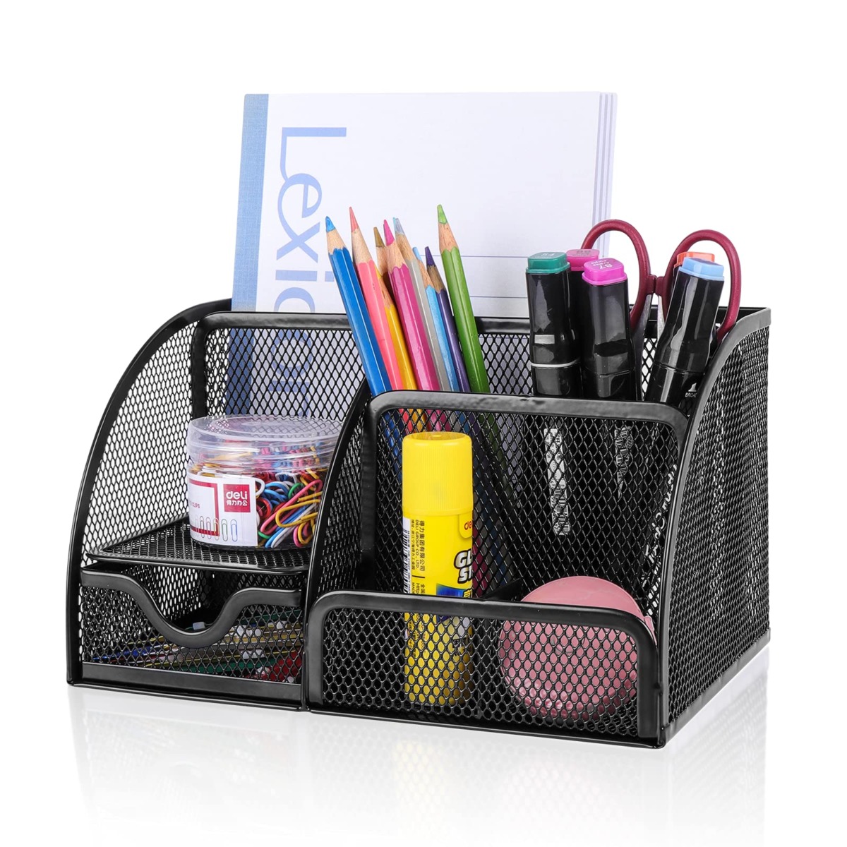 Desk Organizer Office Accessories, Multi-Functional Mesh Desk Organizer with 6 Compartments and 1 Drawer for Home, Office, School, Workshop, kitchen (Black) | The Storepaperoomates Retail Market - Fast Affordable Shopping