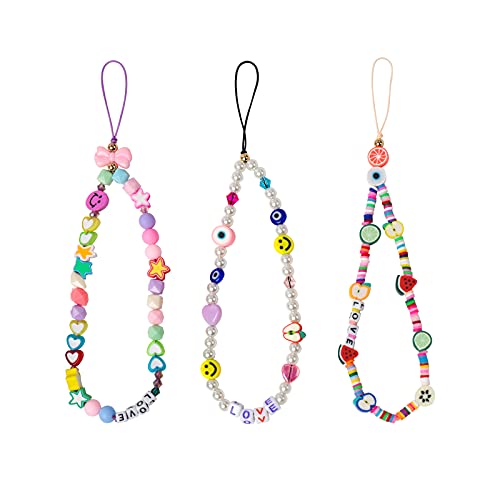 Ninelimi 3 Pieces Smile Face Beaded Phone Lanyard Wrist Strap Fruit Star Letter Pearl Handmade Rainbow Polymer Clay Acrylic Beads Pearl Bracelet Keychain for Women