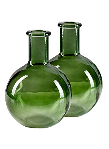 Serene Spaces Living Set of 2 Green Bottleneck Bulb Glass Vase, Vintage Round Flower Vase for Console Table, Shelf, Living Room, Bathroom, Office, Wedding, Measures 5.3″ Diameter & 7.48″ Tall