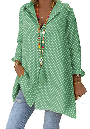 Andongnywell Women’s Casual Tops V Neck Polka dot Tunic Long Sleeve Button Down Shirts Top Tunics Blouse (Green,3,Large)