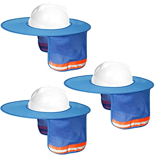 Topbuti 3 Pack Hard Hat Sun Shield Full Brim Mesh Hats Neck Sunshade, High Visibility Neck Sunshield w/Reflective Stripe for Hardhats (Blue)