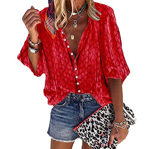 Andongnywell Women’s Button Down Shirts Long Sleeve V Neck Casual Blouses Tops Multicolor Print Blouse (Red,4,X-Large)