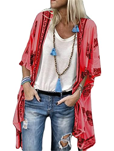 Andongnywell Women’s Open Front mid-Length Cardigan Printed Shirt Cardigan Overcoats Tunics Blouses (Red,5,XX-Large)
