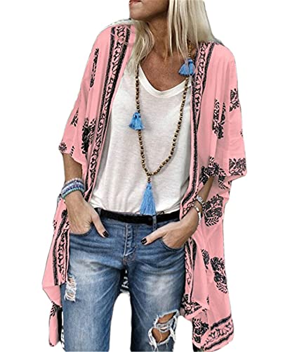 Andongnywell Women’s Irregular Half Sleeve Wrap Kimono Cardigans Casual Coat Tops Outwear Tunics Blouse (Pink,7,4X-Large)
