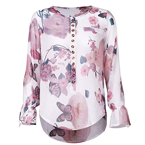 Andongnywell Women Casual Floral Print V Neck Short Sleeve Shirts Tops Loose Blouses Printed V-Neck T Shirts (Pink,5,XX-Large)