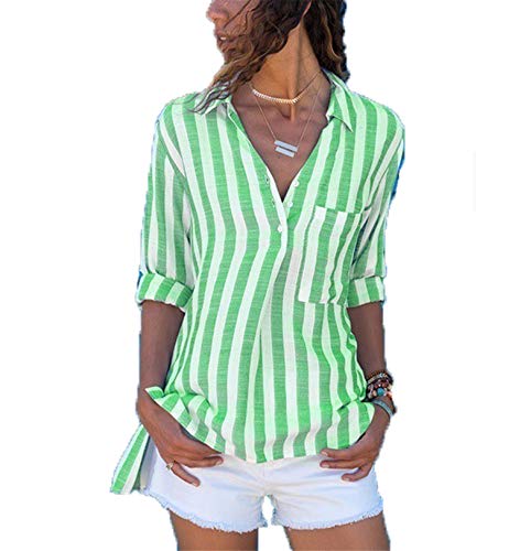 Andongnywell Women’s Striped Printed Lapel Shirt V Neck Long Sleeves Loose Casual with Pockets Button Blouse (Green,9,6X-Large)