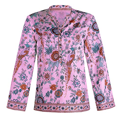 Andongnywell Women’s Long Sleeve Casual Print Tops Chiffon Shirt Button Down Blouse Cardigan Long Sleeve Shirt (Dark Pink,8,5X-Large)