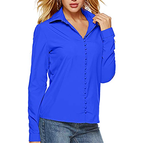 Andongnywell Women’s Casual Long Sleeve Irregular Solid Color V-Neck Breasted Button T-Shirt Tops Tunics Blouse (Blue,5,XX-Large)