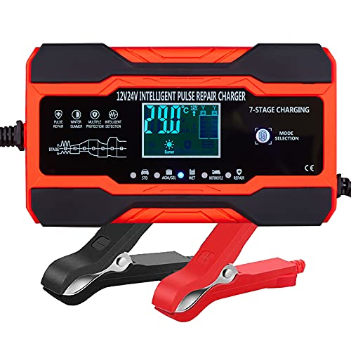 ABLY 10-Amp Battery Charger Automotive, 24V and 12V Car Battery Charger, Battery Maintainer with Temperature Compensation for Car, Lawn Mower, Motorcycle, Boat, SUV and More