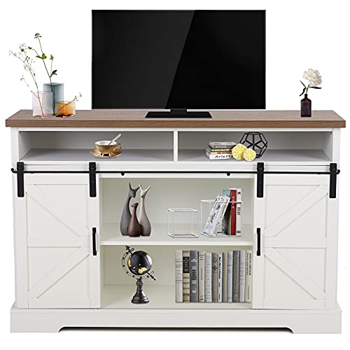 MFSTUDIO Farmhouse Coffee Bar Cabinet, 52″ Sideboard Buffet Storage Cabinet TV Stand with Sliding Barn Door for Kitchen Dining Room Living Room, Ivory