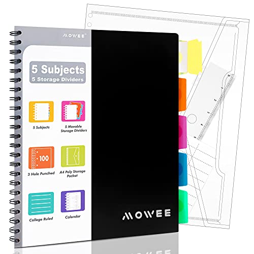 MOWEE Spiral Notebook – 5 Subject Notebook, College Ruled Notebook 3-Hole Punched With Dividers, Storage Pockets, 11″ Ruler, 200 Pages, for Writing Journal, Home &Office, School Supplies, 8.1”x11.7”（Black）