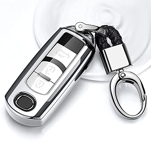 Key-Fob Shell Key-Case for Mazda – Compatible with Mazda 4-Buttons Smart Remote Key ,Premium Soft TPU for Car Key Protection (Silver)