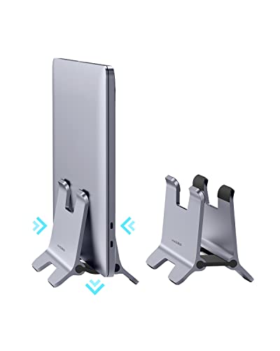 Hagibis Vertical Laptop Stand Desktop for Desk Gravity Locking Holder Dock Save Space Improves Airflow for MacBook Pro, Mac Mini, Surface, HP, Dell, Chrome Book (Grey Alloy)