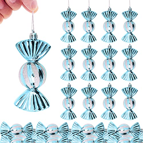 TKYGU 24 Pieces Shatterproof Xmas Candies Ornaments，Christmas Candy Ornaments Hanging Glitter with Ropes for Christmas Tree Candy Cane Home Party Holiday Supplies Decorations (White Powder/Sky Blue)