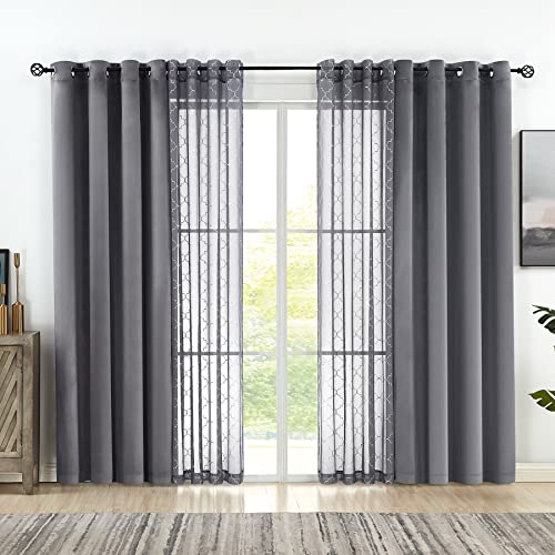 Enactex 4 Piece Curtains Set Mix and Match Curtains Moroccan Metallic Silver Print Sheer & Velvet Room Darkening Blackout Drapes, 52”x 84” Grommet Window Treatment for Bedroom Living Room, Grey