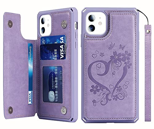 iCoverCase for iPhone 11 Wallet Case with Card Slots Holder and Wrist Strap [RFID Blocking] Embossed Leather Kickstand Magnetic Clasp Shockproof Cover for iPhone 11 6.1 Inch (Heart Purple)