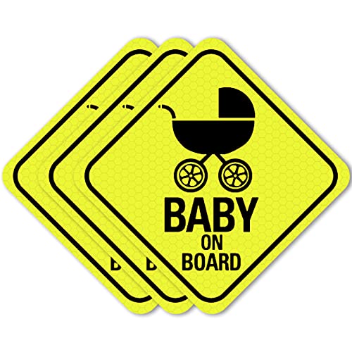 [Heavy-Duty] 3 Pack Reflective Safety Baby On Board Large Car Magnet Signs, 5×5 inch, Waterproof Weatherproof, Golden Yellow (Type A, 3 Pack)
