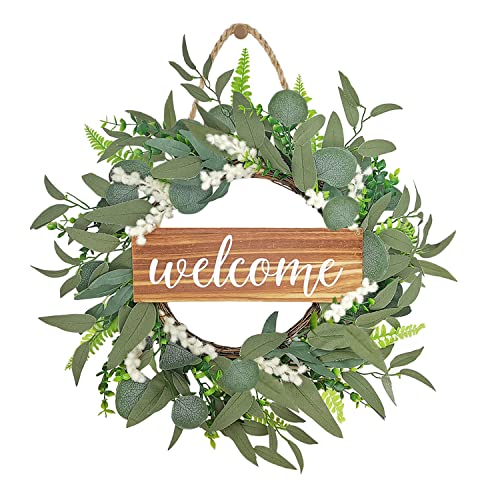 Pinkpum Welcome Sign for Front Door 20 Inch Eucalyptus Welcome Wreaths Outside Spring Front Porch Decor
