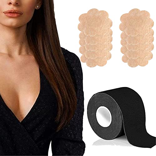 LLIANG Breast Lift Tape,Adhesive Pushup Tape Bust Lifter,Breathable Breast Lifting Tape Sports Tape with Breast Petals Disposable Adhesive Bra for Large Breasts and Women Dresses or Clothes-Black