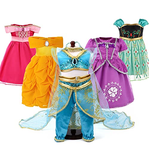 18 Inch Doll Clothes Accessories – 5 Pc Different Princess Costume Dress Set Includes Jasmine,Anna,Belle,Rapunzel and Aurora Fits All 18″ Doll (First Edition) (First Edition)