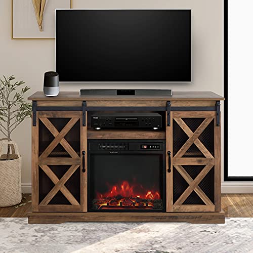 48 Inch TV Stand Console W/Sliding Barn Door for TVs up to 55″, with Fireplace and Remote Control,Rustic Oak Finish