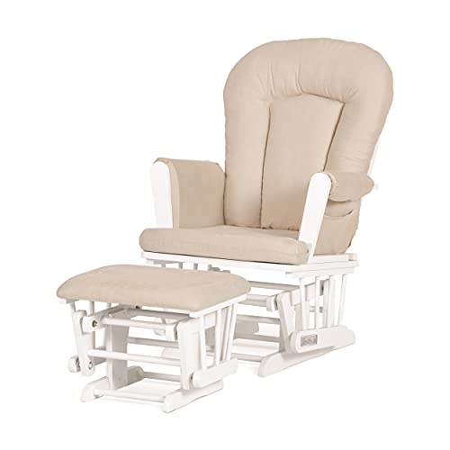 Forever Eclectic by Child Craft Tranquil Glider Rocker and Ottoman Set (Hardwood Frame, Foam Cushion), Storage Pockets, Hardwood Base, Quick Assembly, Nursery Glider Chair (Matte White/Tan Microfiber)