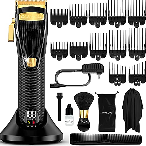 OVLUX Professional Hair Clippers for Men – Rechargeable Electric Cordless Trimmer with 12 Guide Combs, Brush, Oil, Storage Case for Professional Barbers & Beginners – Adjustable Taper Length 0.8 – 2mm
