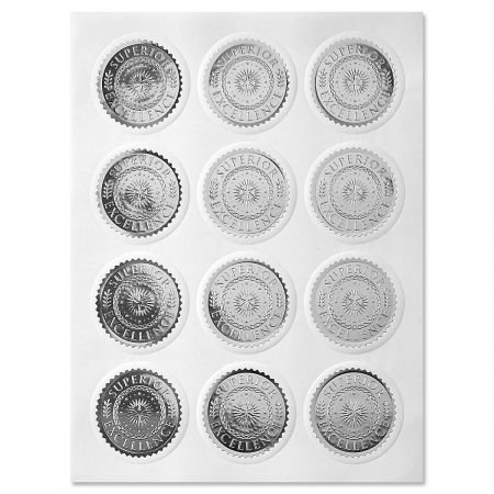 Silver Excellence Certificate Seals – Set of 36 foil Stickers, 2″ Across