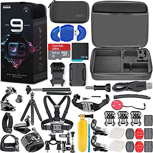 GoPro HERO9 (Hero 9) Action Camera (Black) with Deluxe Accessory Bundle – Includes: SanDisk Ultra 64GB microSD Memory Card, Carrying Case, Chest Mount, Head Mount, Floating Grip & Much More