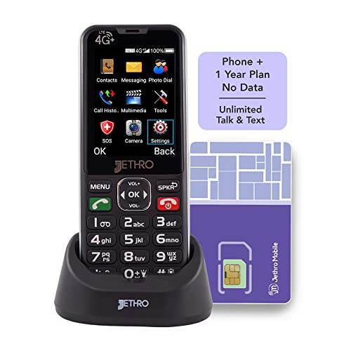 Jethro SC490 4G Unlocked Senior Cell Phone/Plan 1-Year Unlimited Talk & Text, SIM Card Included, Easy-to-Use for Elders and Kids, Big Screen and Buttons, FCC Certified